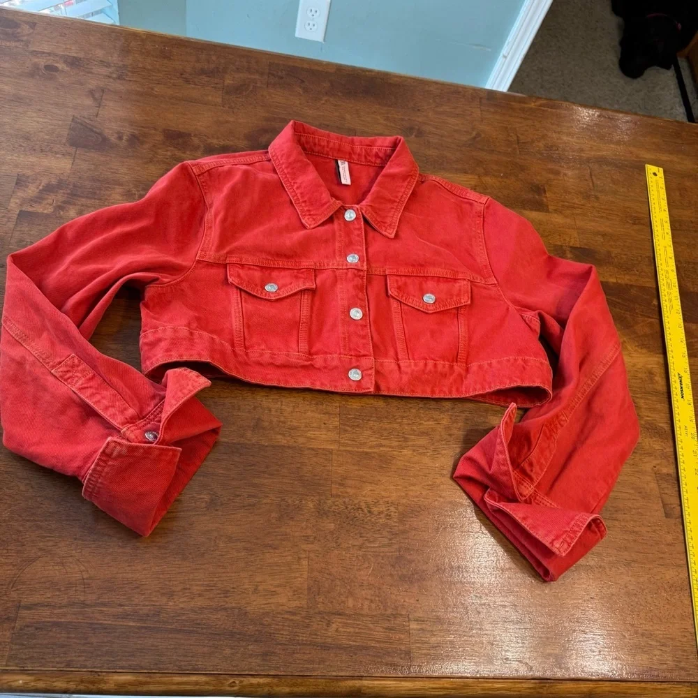 Zara Vibrant Red cropped women’s denim jean Jacket size xxl 100% cotton - Picture 1 of 6
